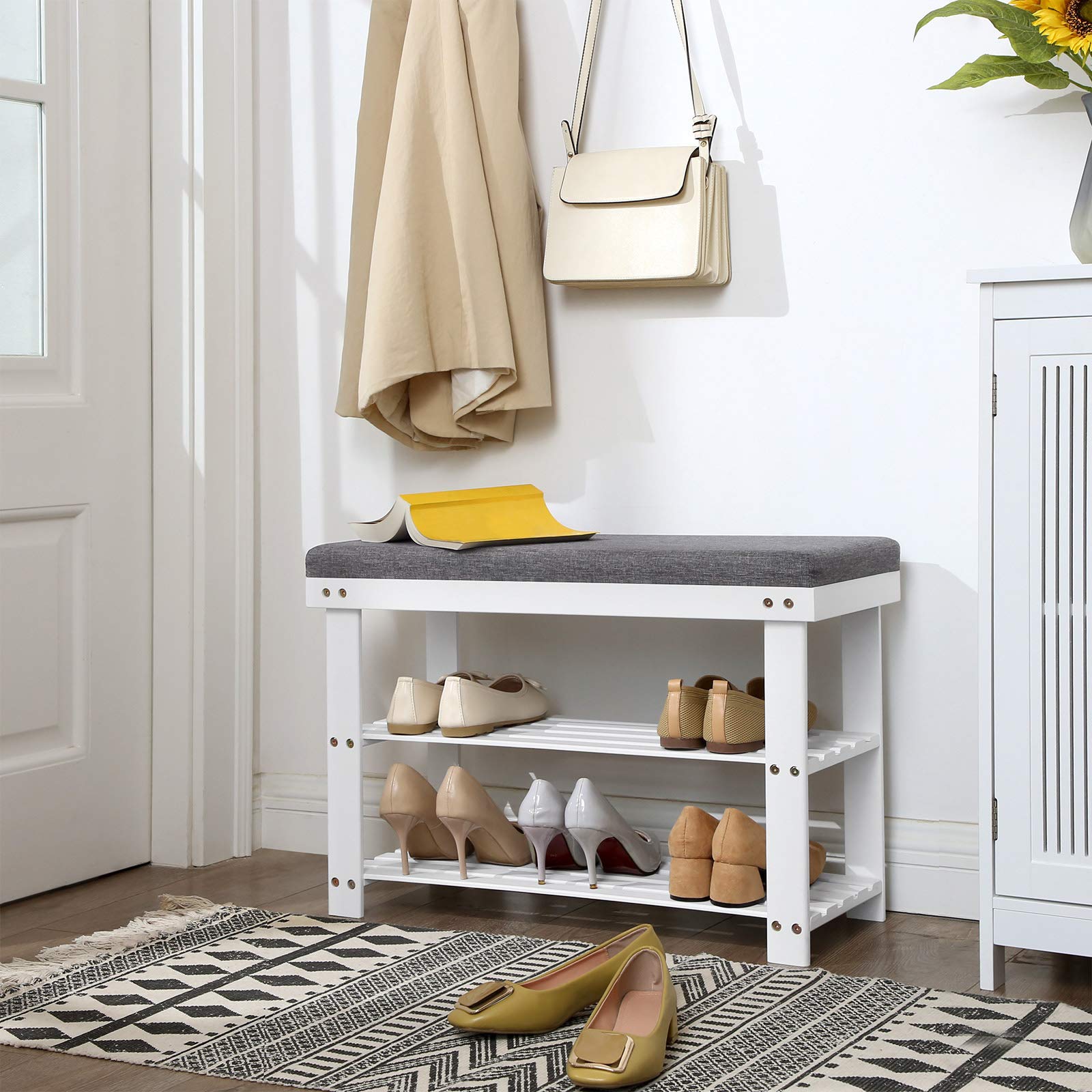 SONGMICS bamboo shoe bench with two shelves for organized footwear