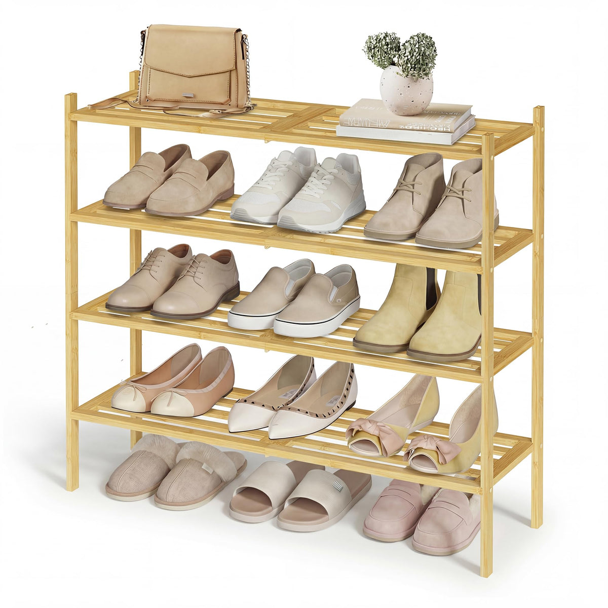 Songmics bamboo shoe rack 4-tier assembly demonstrates space-saving entryway organization.