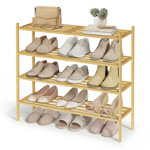 Songmics bamboo shoe rack 4-tier assembly demonstrates space-saving entryway organization.