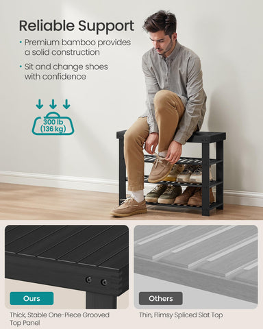 SONGMICS Bamboo Shoe Rack Bench three shelves help organize footwear neatly.