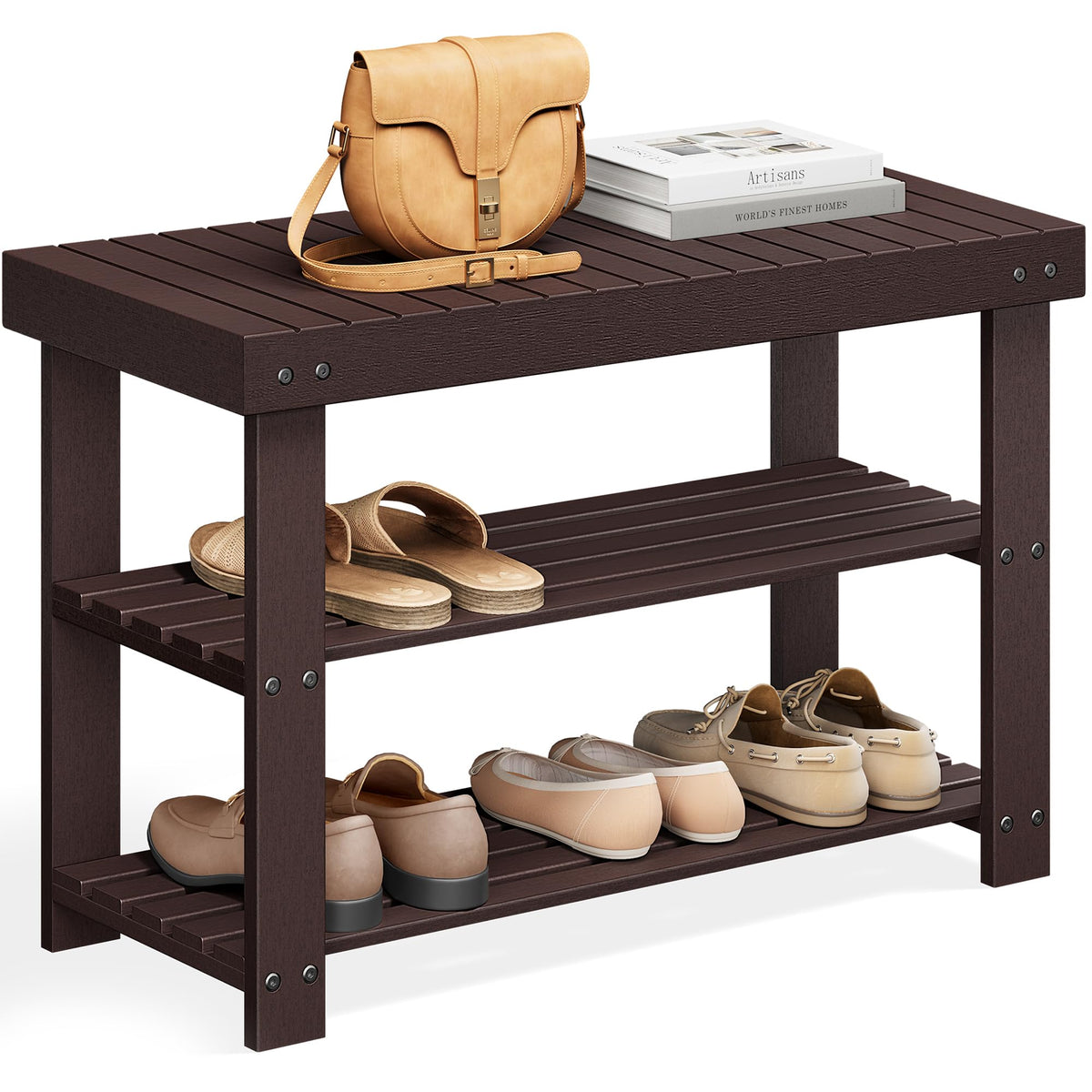 Songmics bamboo shoe rack bench with 3-tier shelves for organized entryways.