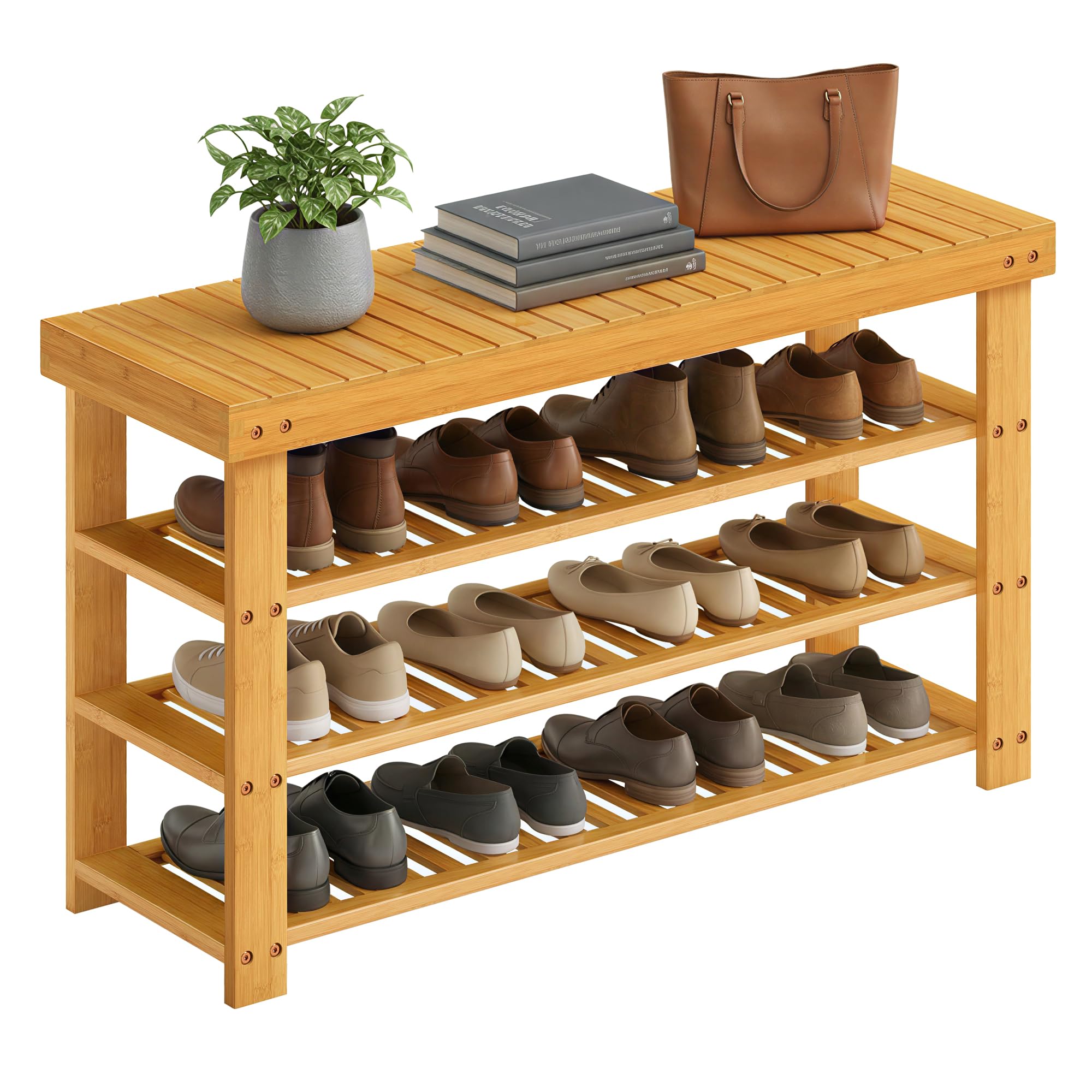 Songmics bamboo shoe rack bench front view shows entryway seating and storage