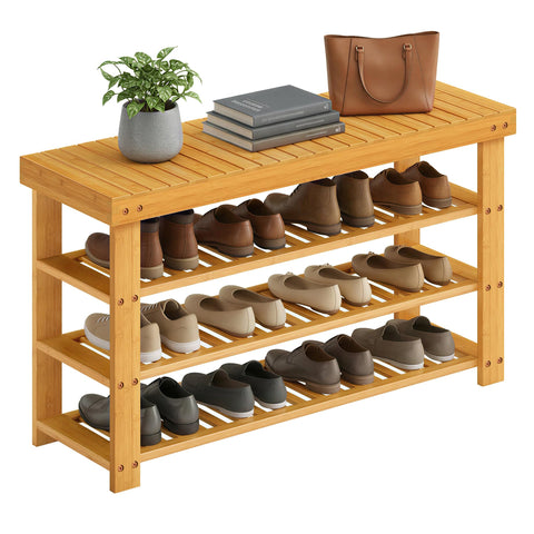 Songmics bamboo shoe rack bench front view shows entryway seating and storage