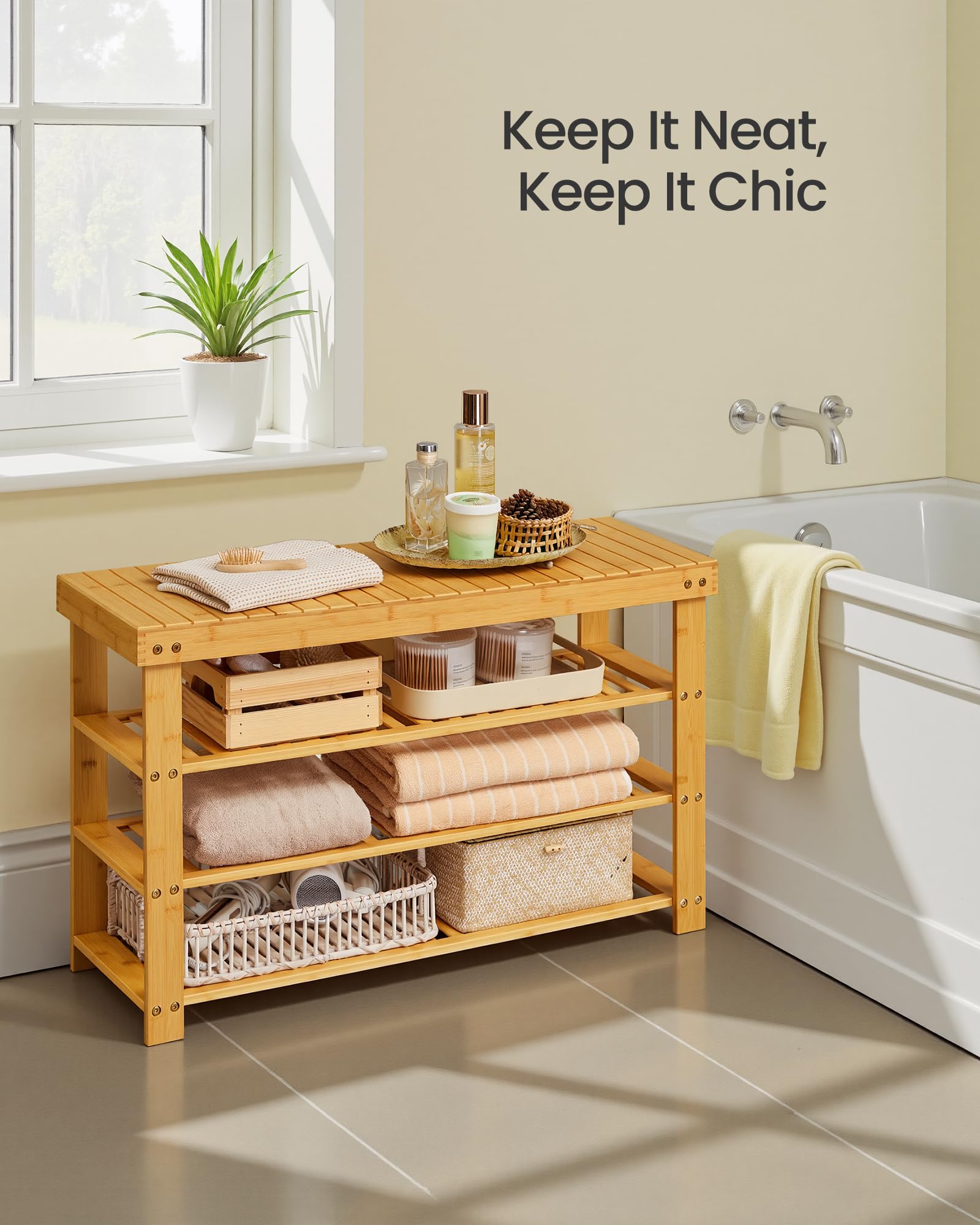 Songmics bamboo shoe rack bench shelf details show triple shelves and weight capacity