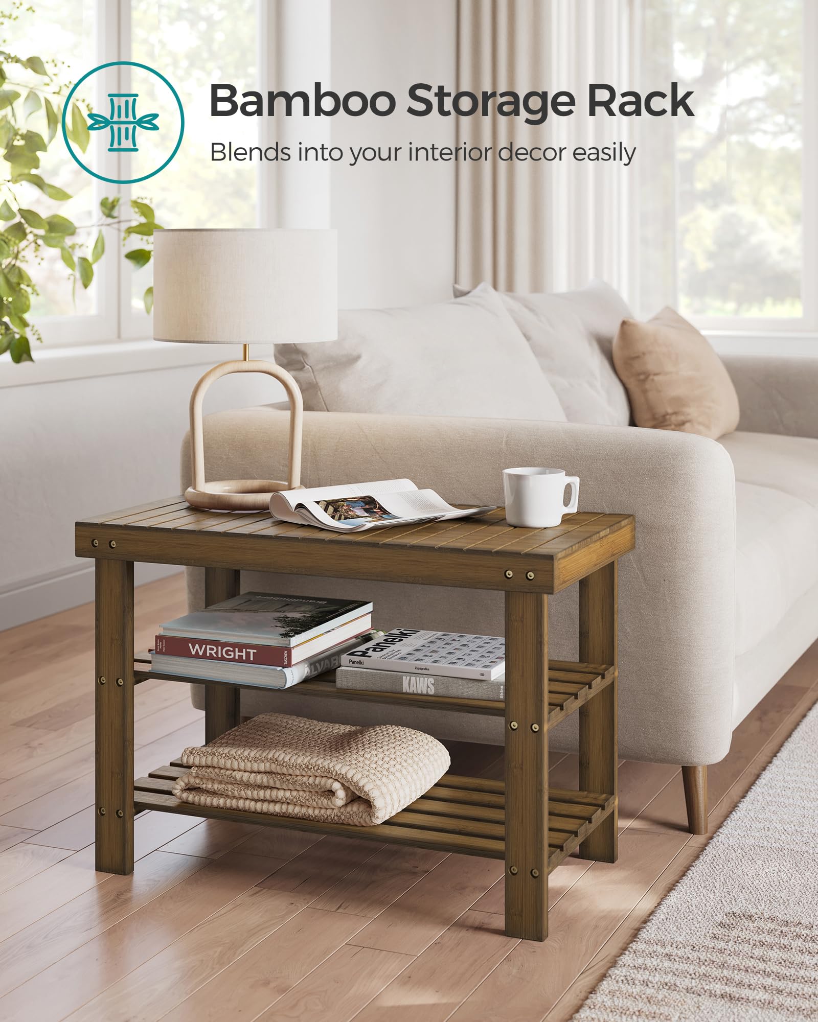 SongMics bamboo shoe rack bench doubles as side table.