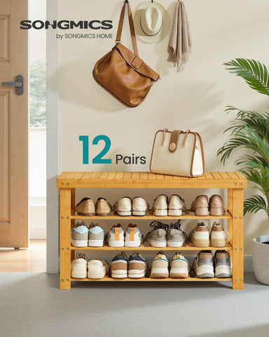 Songmics bamboo shoe rack bench side view highlights compact, space-saving design