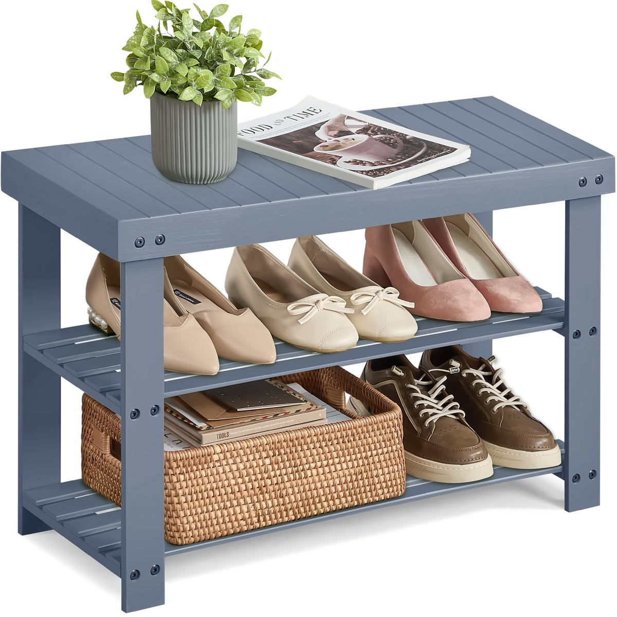SONGMICS bamboo shoe rack bench top panel keeps bags within reach near the door