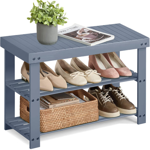 SONGMICS bamboo shoe rack bench top panel keeps bags within reach near the door