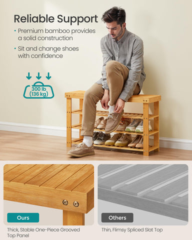 Songmics bamboo shoe rack bench top surface use for bags and daily essentials
