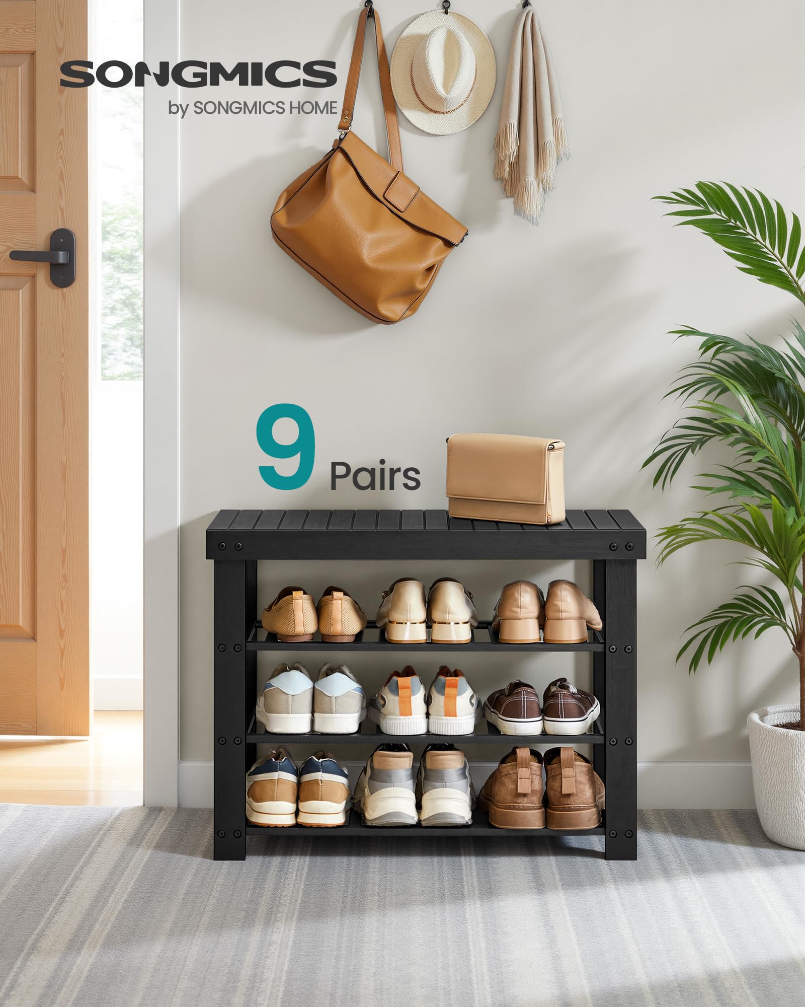 SONGMICS Bamboo Shoe Rack Bench top surface with items for grab-and-go storage.
