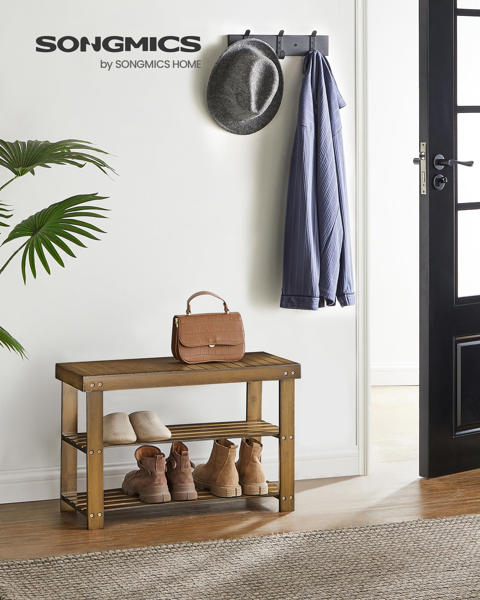 SongMics bamboo shoe rack bench two wide shelves store six pairs.