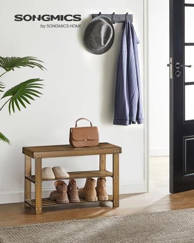 SongMics bamboo shoe rack bench two wide shelves store six pairs.
