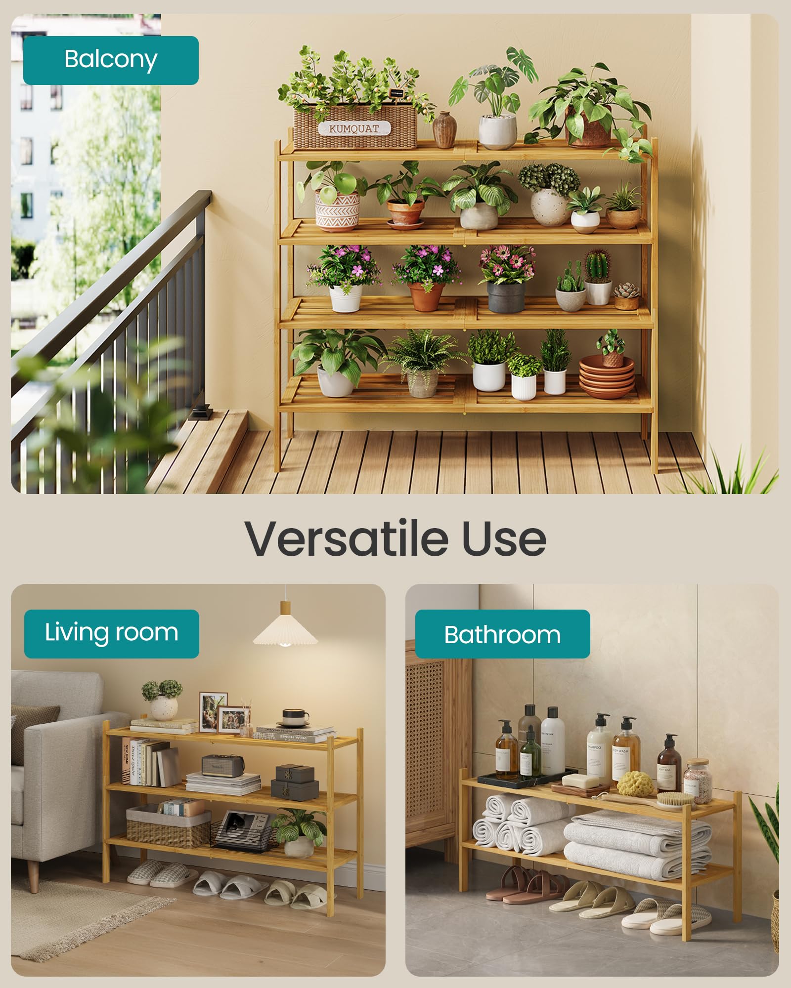Songmics bamboo shoe rack versatile storage for towels or plants.