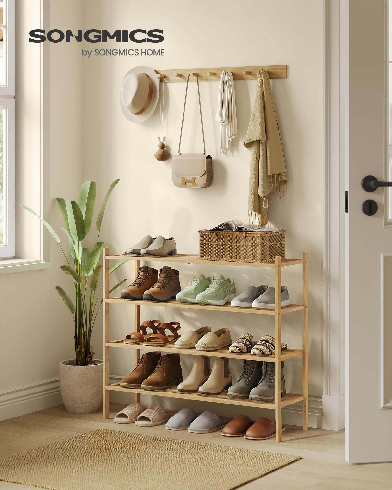Songmics bamboo shoe rack stackable design expands storage as needed.