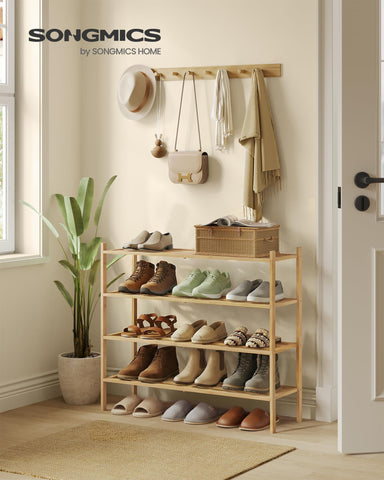 Songmics bamboo shoe rack stackable design expands storage as needed.