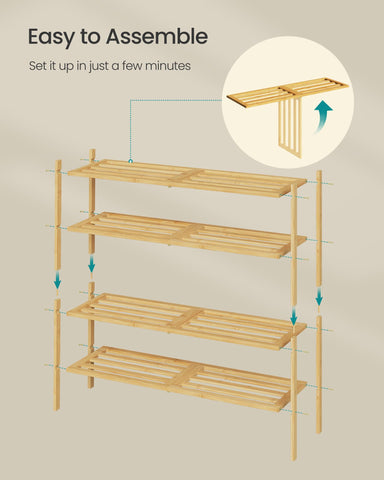 Songmics bamboo shoe rack holds 15-20 pairs of shoes.