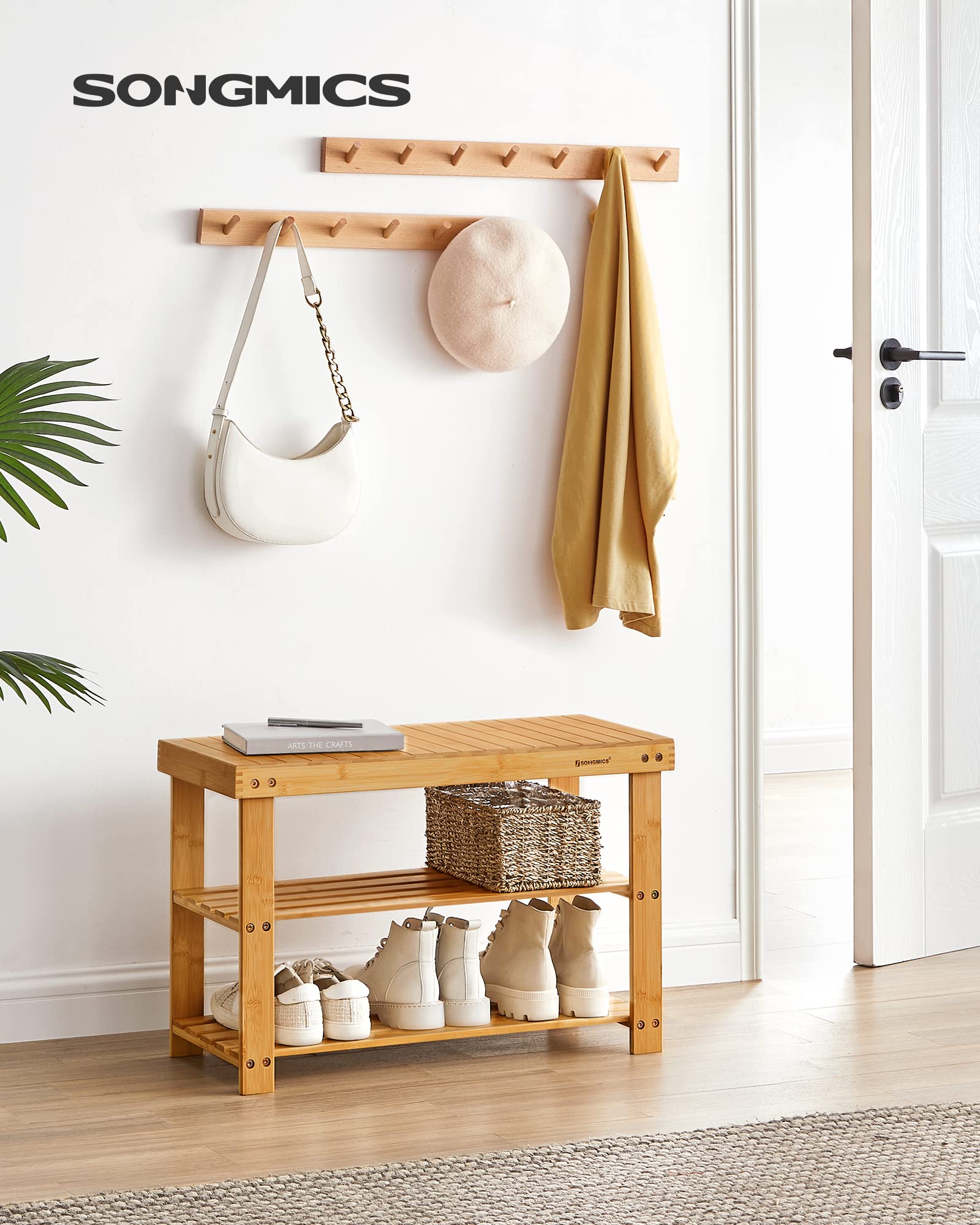 SONGMICS bamboo shoe storage shelves organize footwear neatly in entryways.