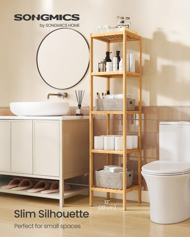 Songmics bamboo storage shelf assembled quickly for versatile room organization.