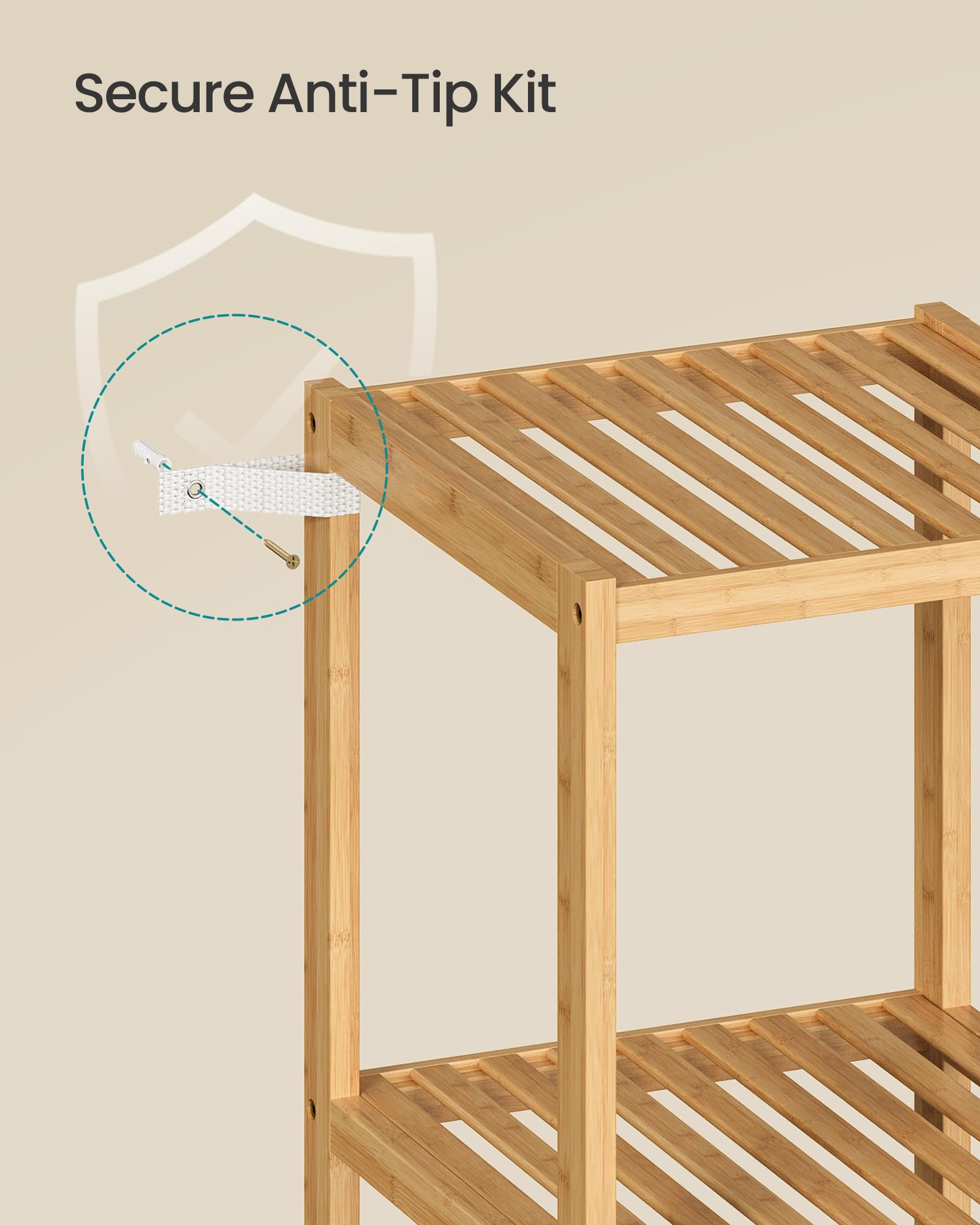 Songmics bamboo storage shelf in balcony shows vertical plant and decor display.
