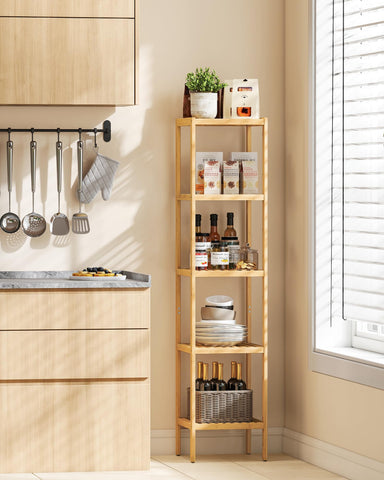 Songmics bamboo storage shelf in bathroom stores towels and toiletries with quick-drying slats.