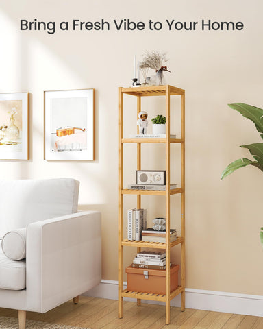 Songmics bamboo storage shelf in entryway helps keep coats, bags, and shoes neatly arranged.