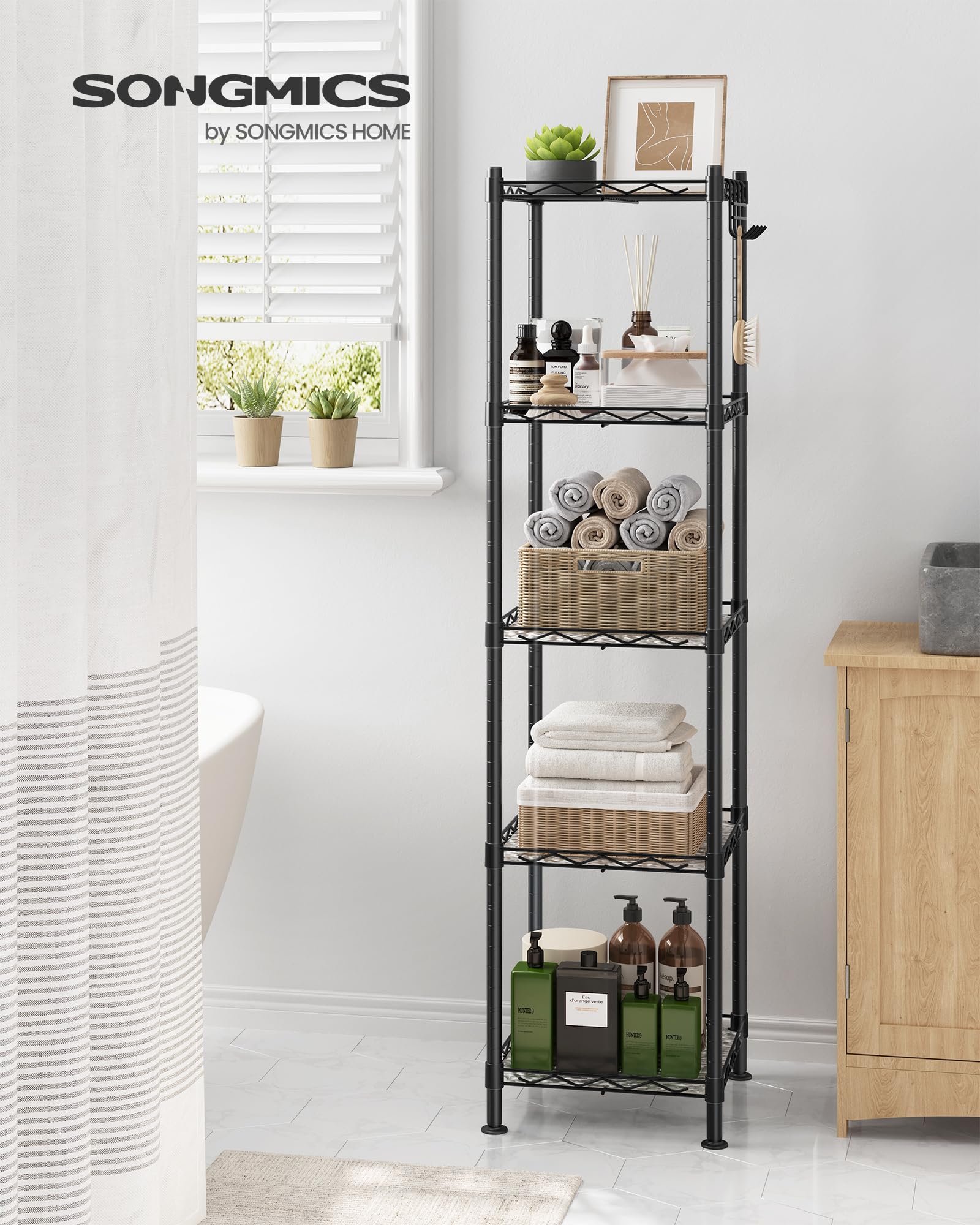 SONGMICS extendable shelf with adjustable height showcases space-saving versatility.