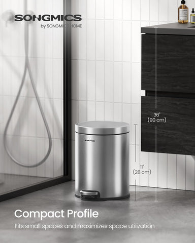SONGMICS pedal-operation waste bin enables hands-free lid opening in small spaces.