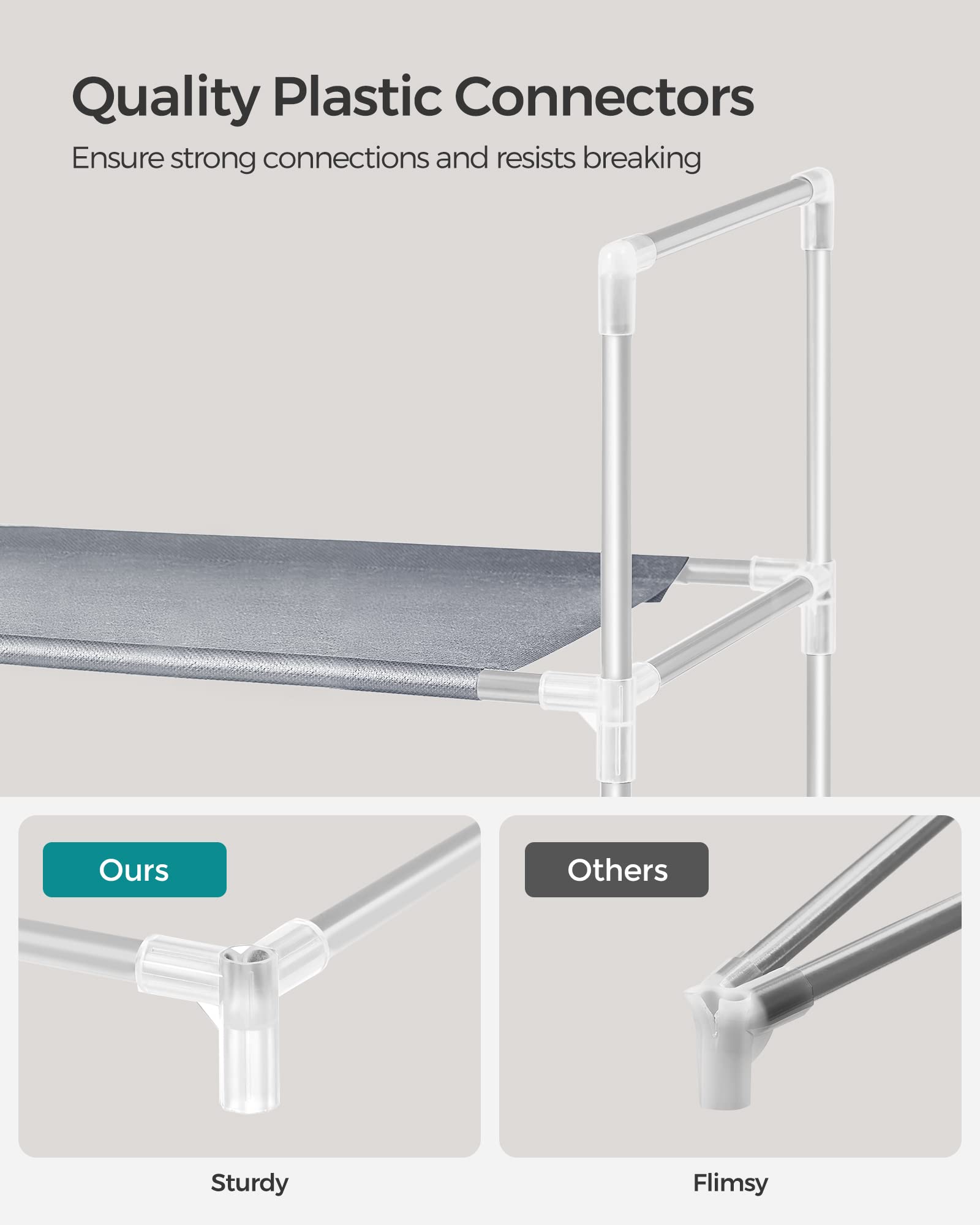 Songmics bedroom setup with compact 10-tier rack fitting tight spaces