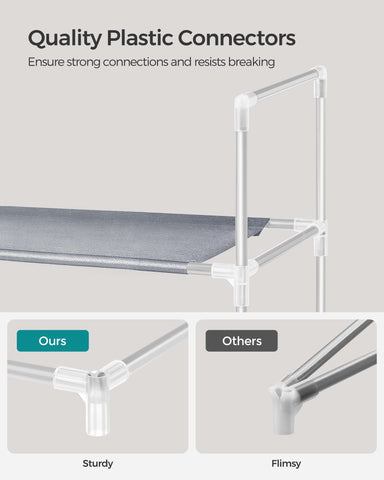 Songmics bedroom setup with compact 10-tier rack fitting tight spaces