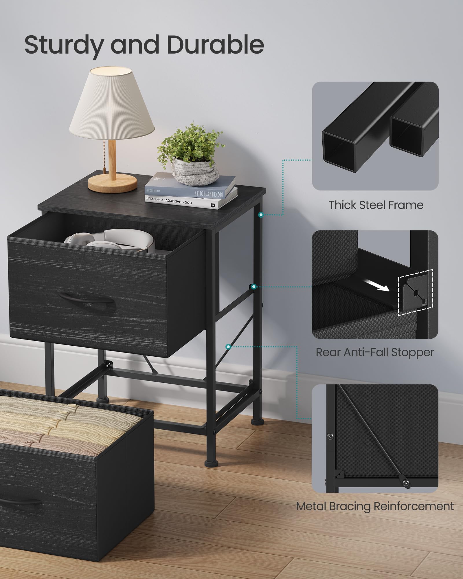 SONGMICS Bellah bedroom setup with nightstand demonstrates versatile placement.