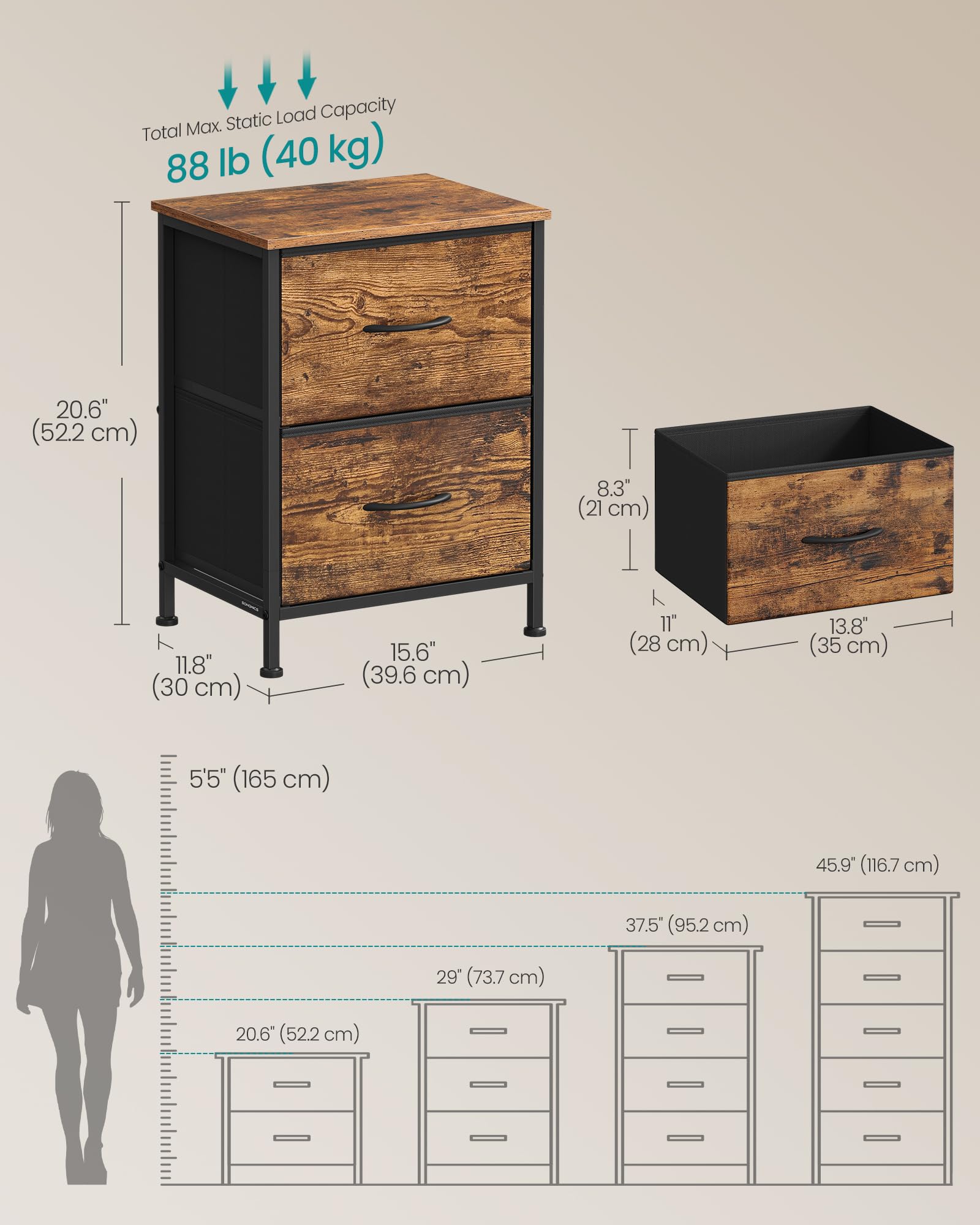 SONGMICS Bellah collection two-drawer nightstand in rustic brown and ink black
