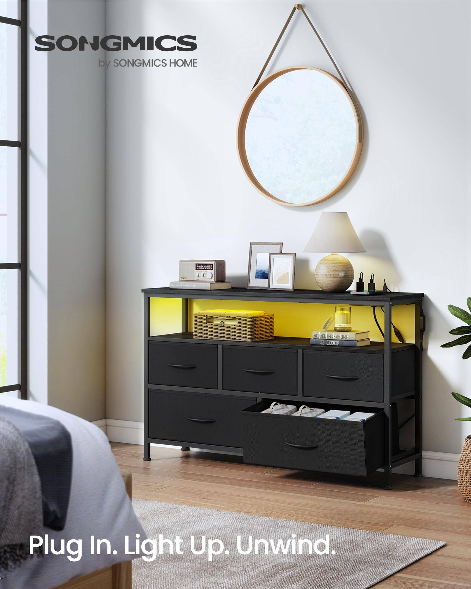 SONGMICS BELLAH dresser charging station powers devices via USB-C and USB-A
