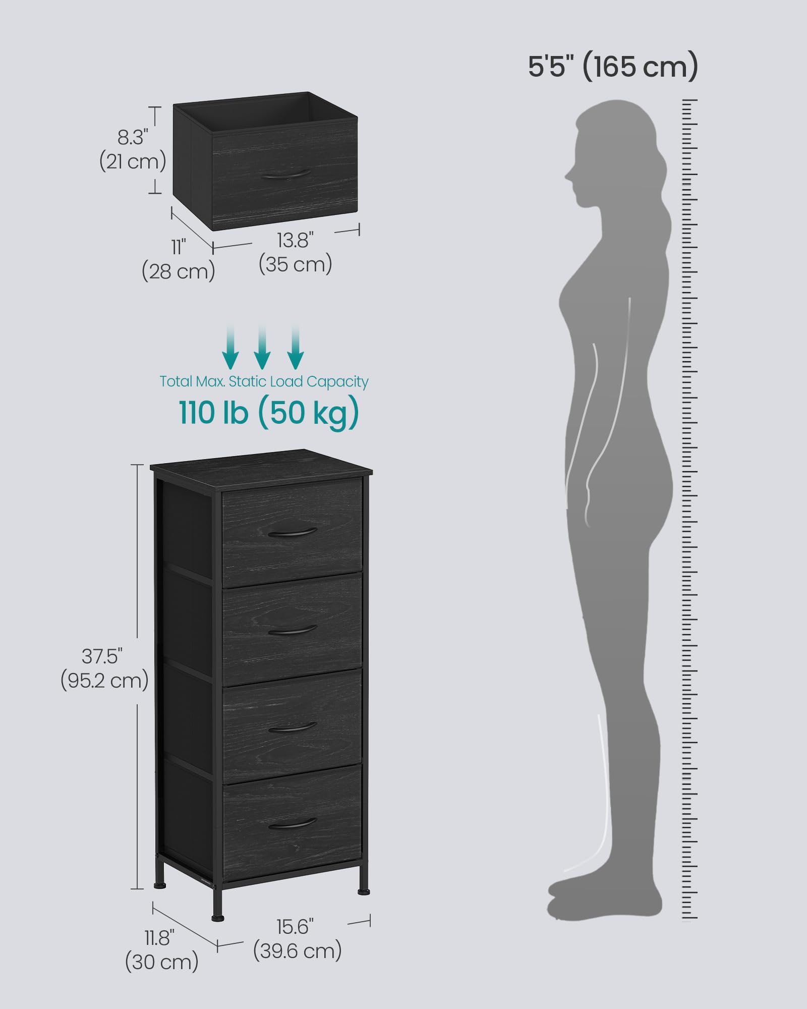 Songmics Bellah dresser ebony black anti-tip kit included, increases stability on uneven floors.