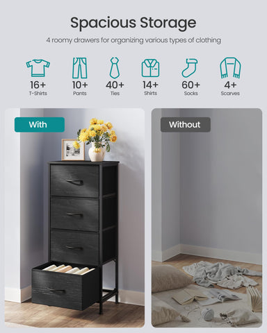 Songmics Bellah dresser ebony black drawers open, reveals organized hidden storage for personal items.