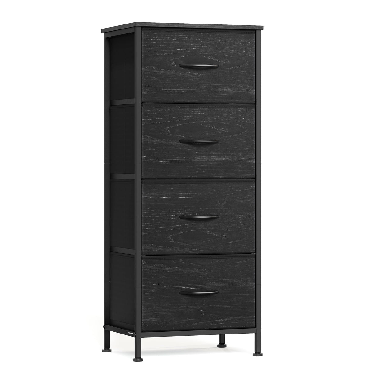 Songmics Bellah dresser ebony black front view, showcases sturdy steel frame for reliable daily storage.