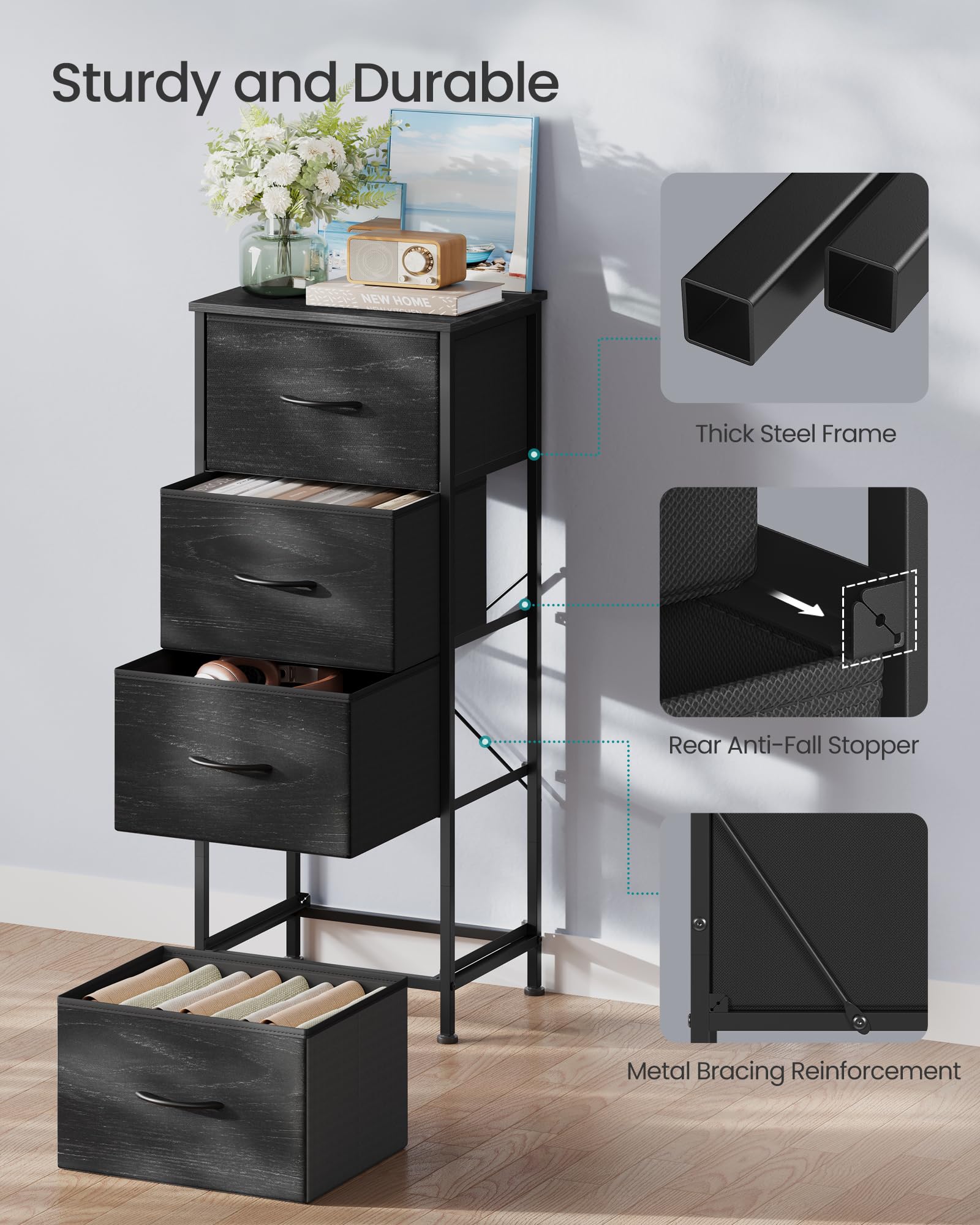 Songmics Bellah dresser ebony black in-room setup, ideal for bedrooms, entryways, or offices.