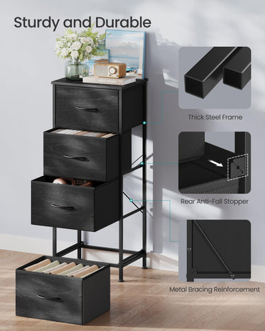 Songmics Bellah dresser ebony black in-room setup, ideal for bedrooms, entryways, or offices.