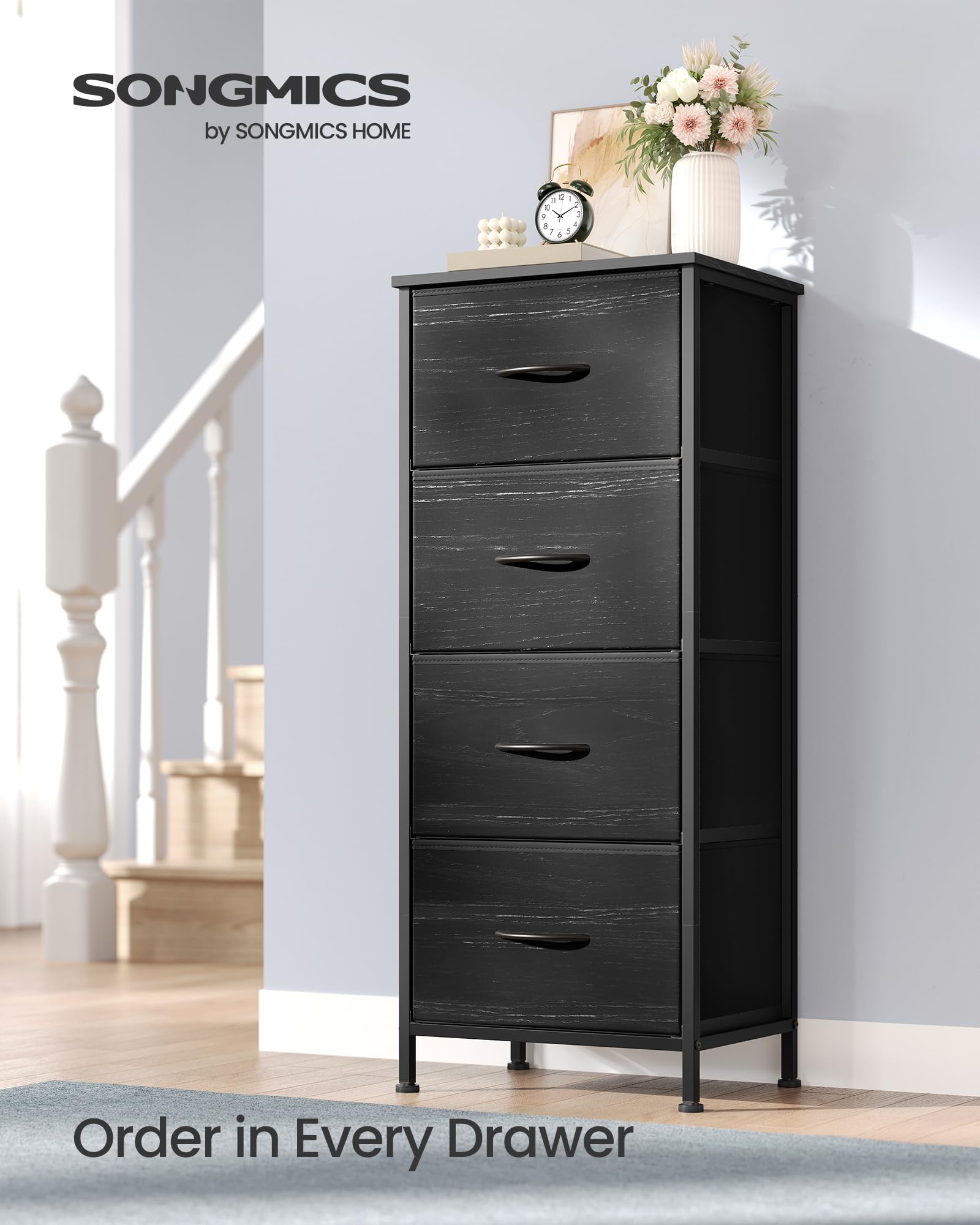 Songmics Bellah dresser ebony black top surface usage, perfect for lamps and daily essentials.