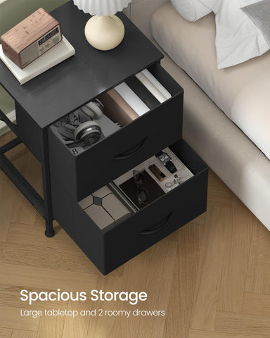 Songmics Bellah dresser ink-black drawer open showing hidden storage capacity.