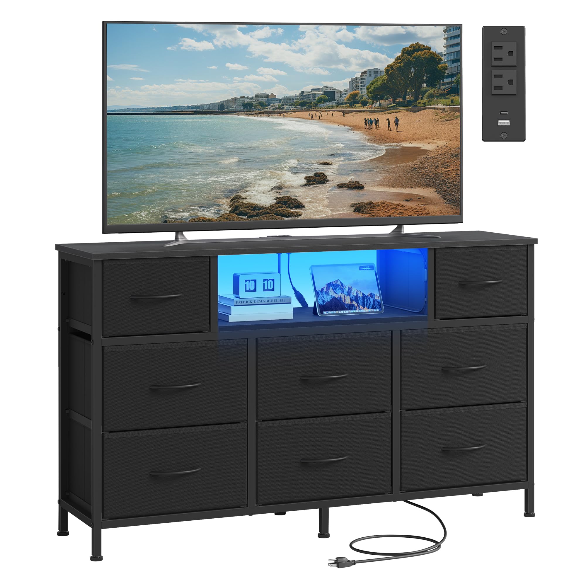 SONGMICS BELLAH dresser with LED panels enhancing mood lighting in a cozy bedroom