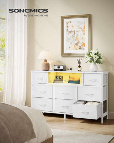 Songmics Bellah dresser showing built in outlets and USB ports for convenient charging
