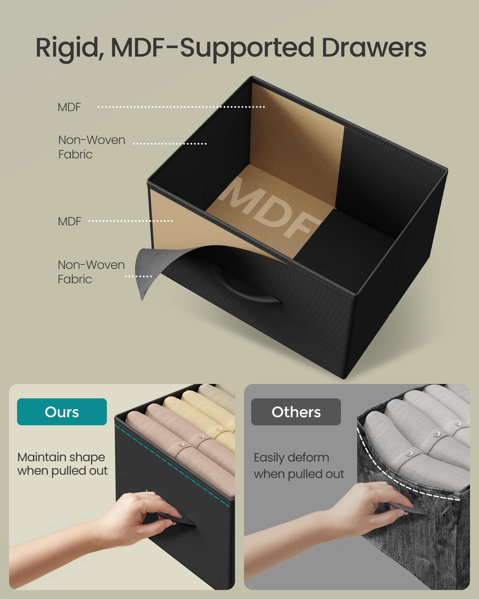 Songmics Bellah fabric drawer and steel frame details show durable construction.