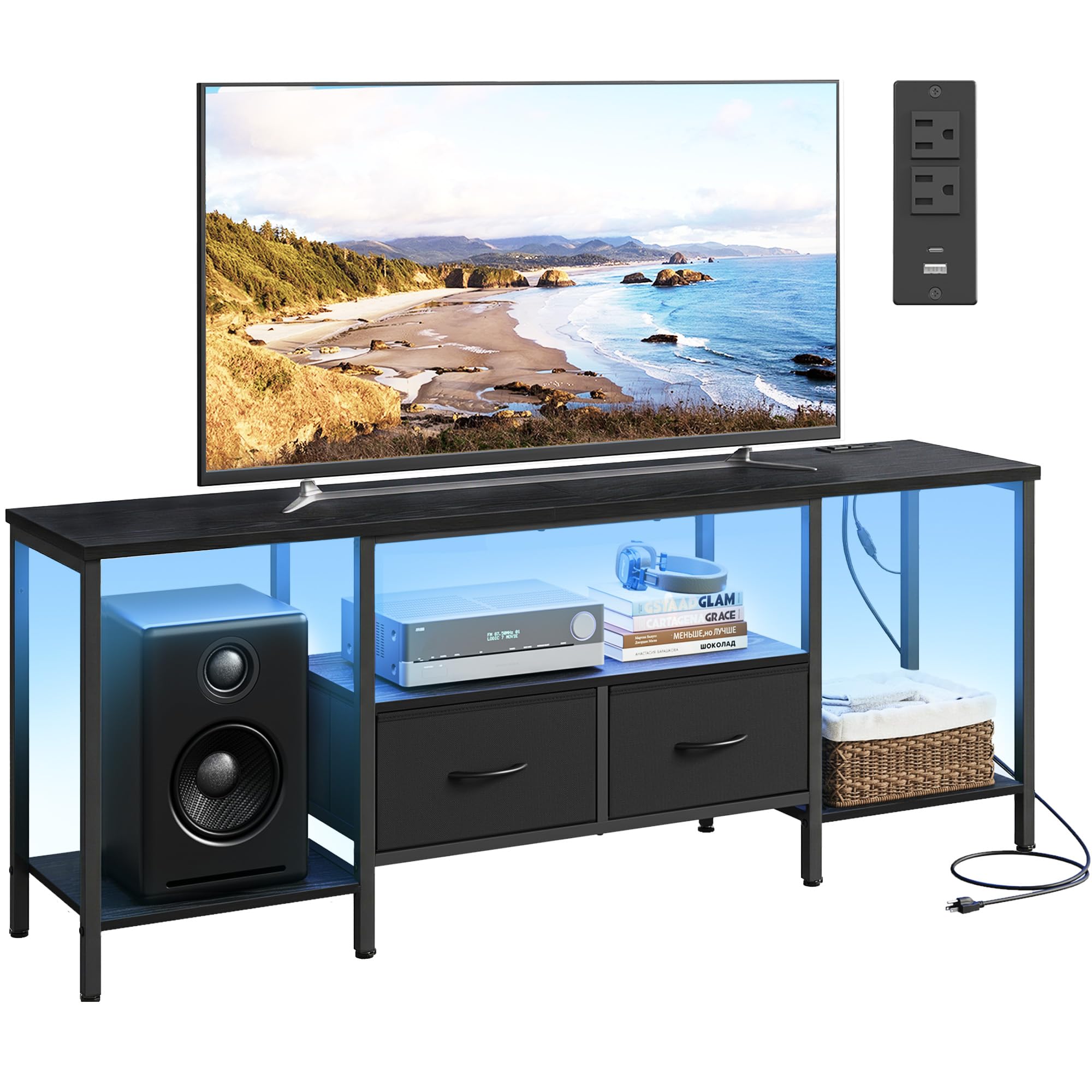 SONGMICS BELLAH TV stand with LED lights for mood lighting during movie nights