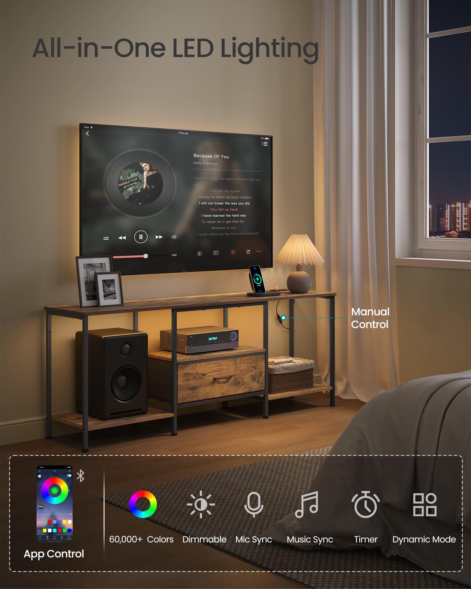 SONGMICS BELLAH LED strip close-up showing color options and ambiance
