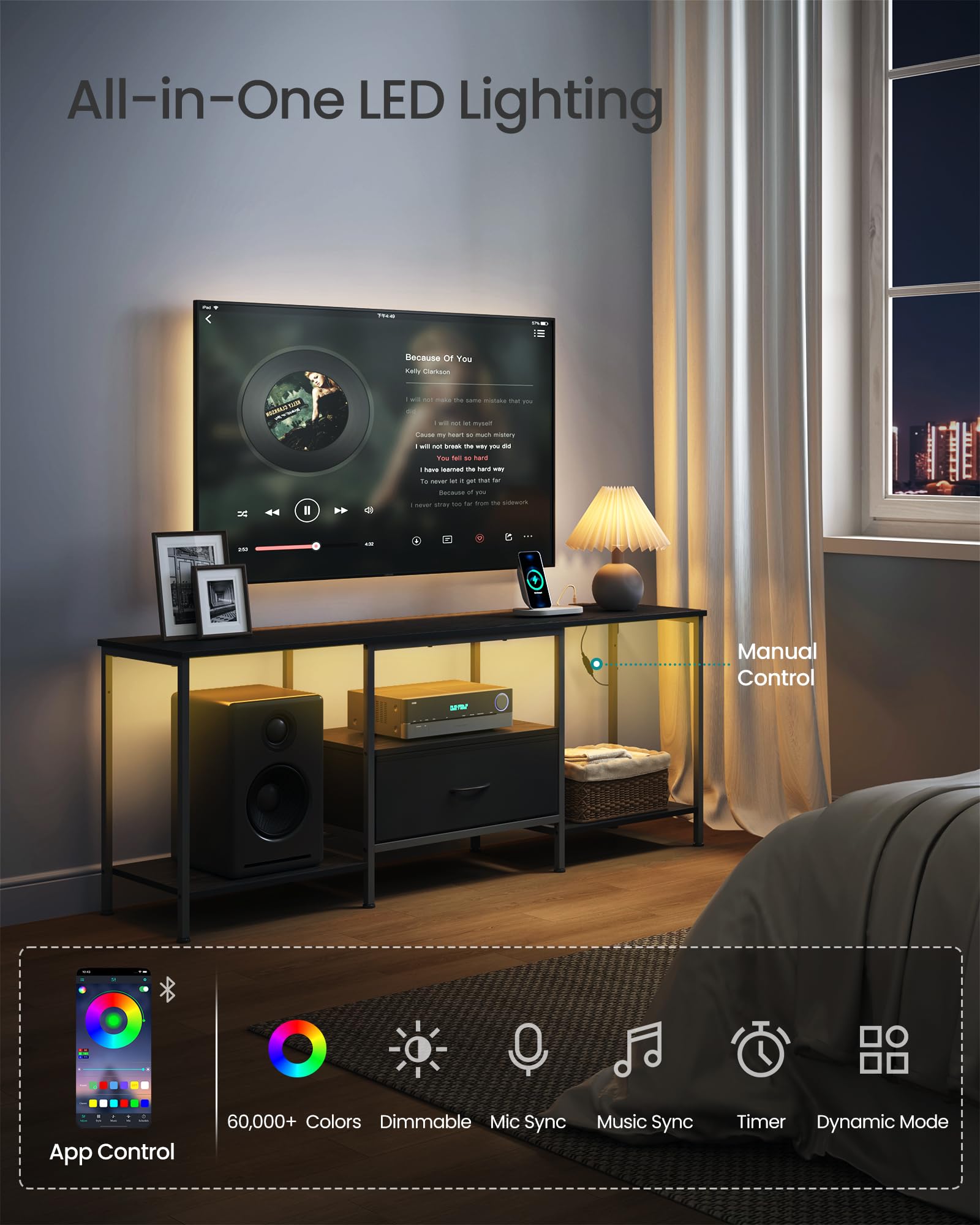 Songmics Bellah LED strip with color options for mood lighting.