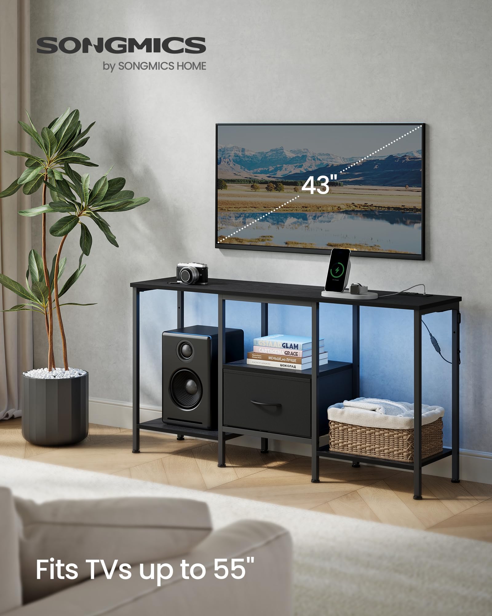 SONGMICS BELLAH media console with LED lighting creates a cozy home theatre ambience