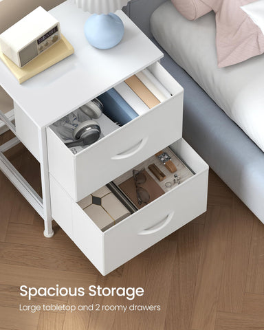 Songmics Bellah nightstand drawer-open view for two-drawer storage.
