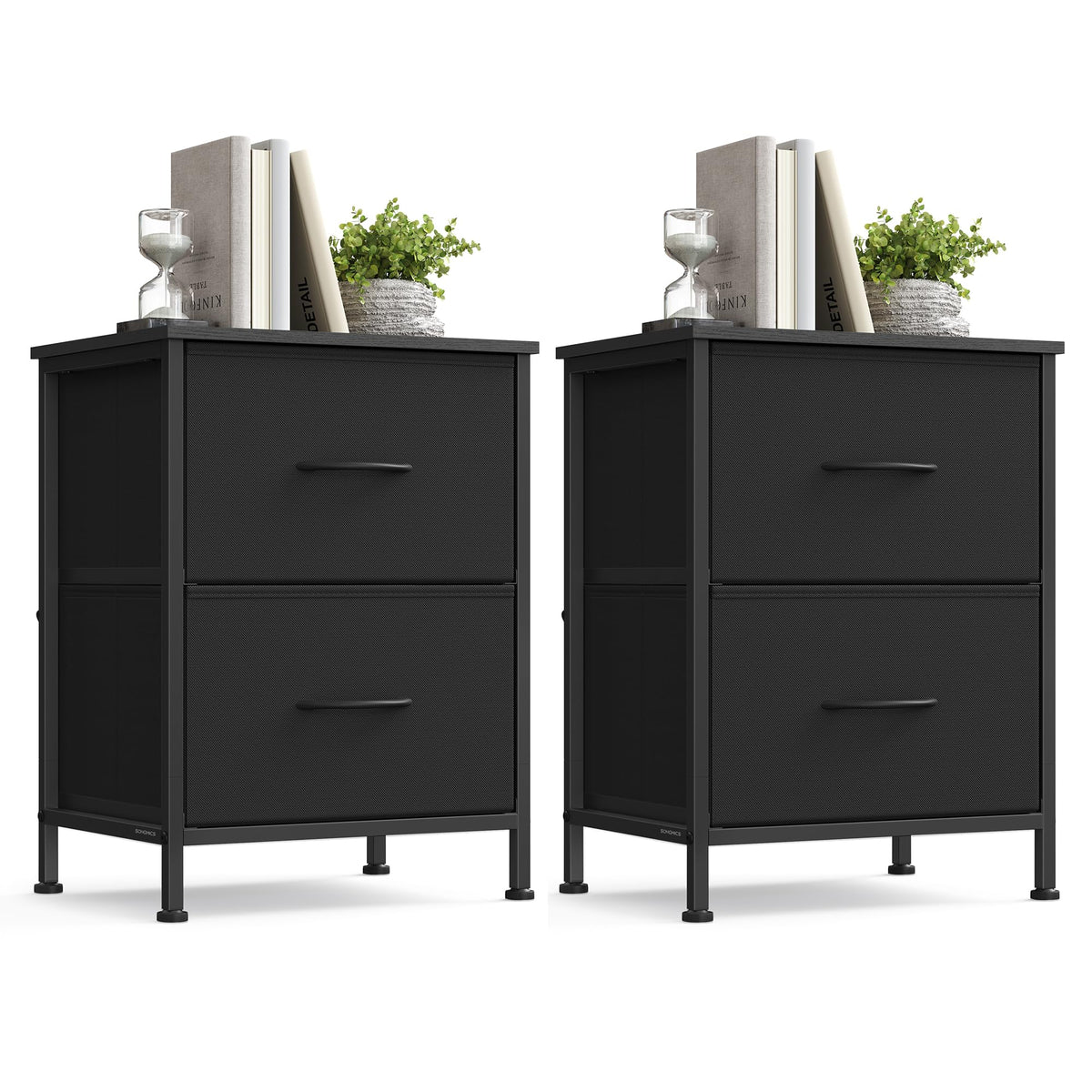 Songmics Bellah nightstand ink black front view, sturdy and space efficient for modern bedrooms.