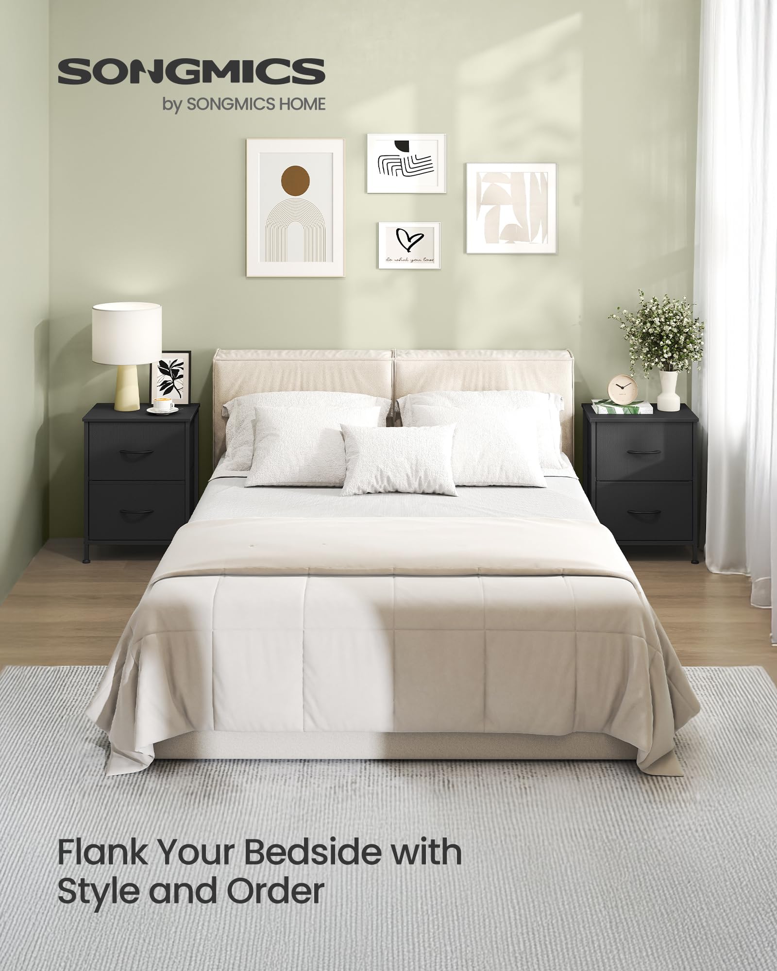 Songmics Bellah nightstand ink black top surface, ideal for lamp and clock placement.