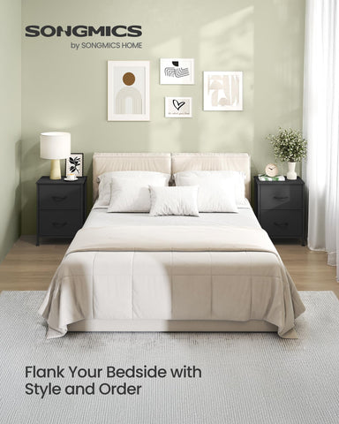 Songmics Bellah nightstand ink black top surface, ideal for lamp and clock placement.